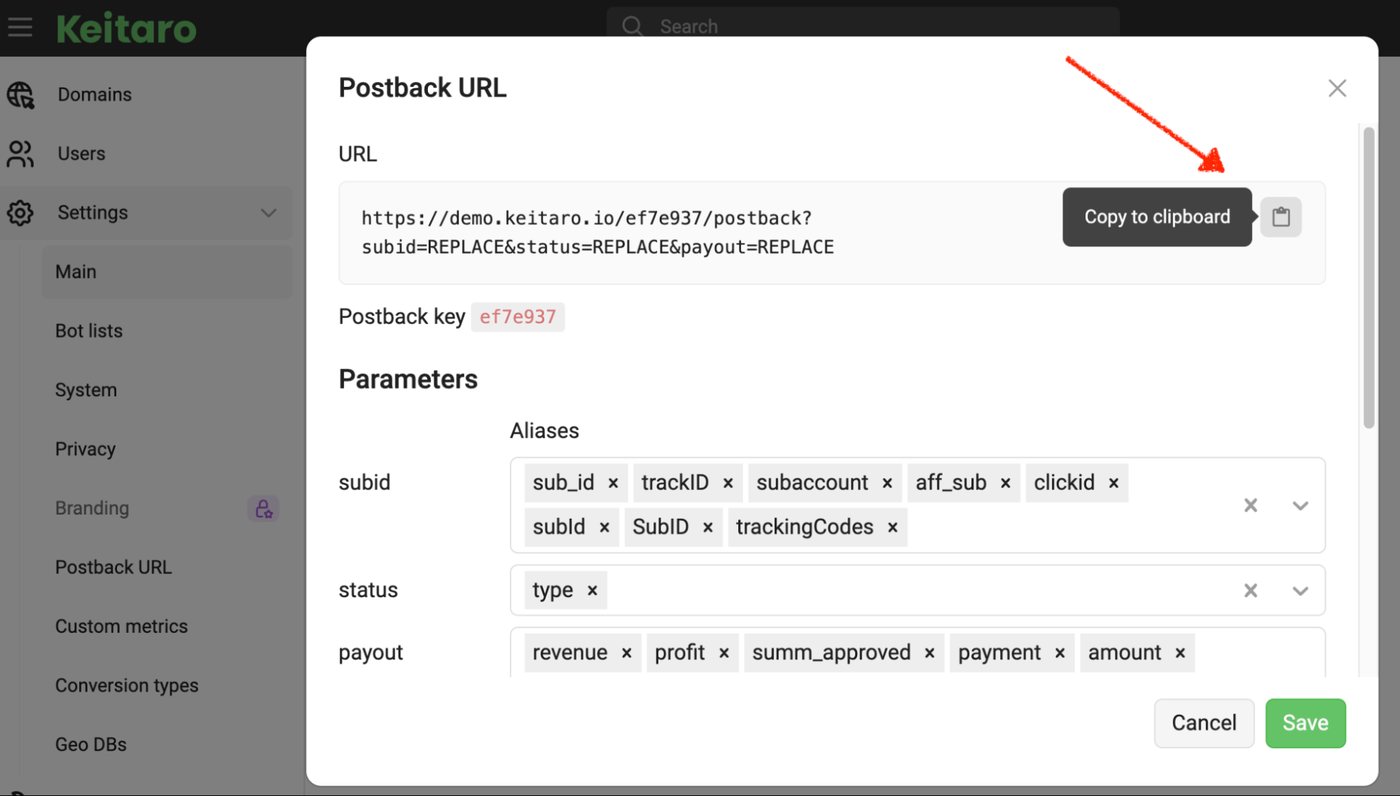 Keitaro Postback URL dialog with the Copy to clipboard button and postback key
