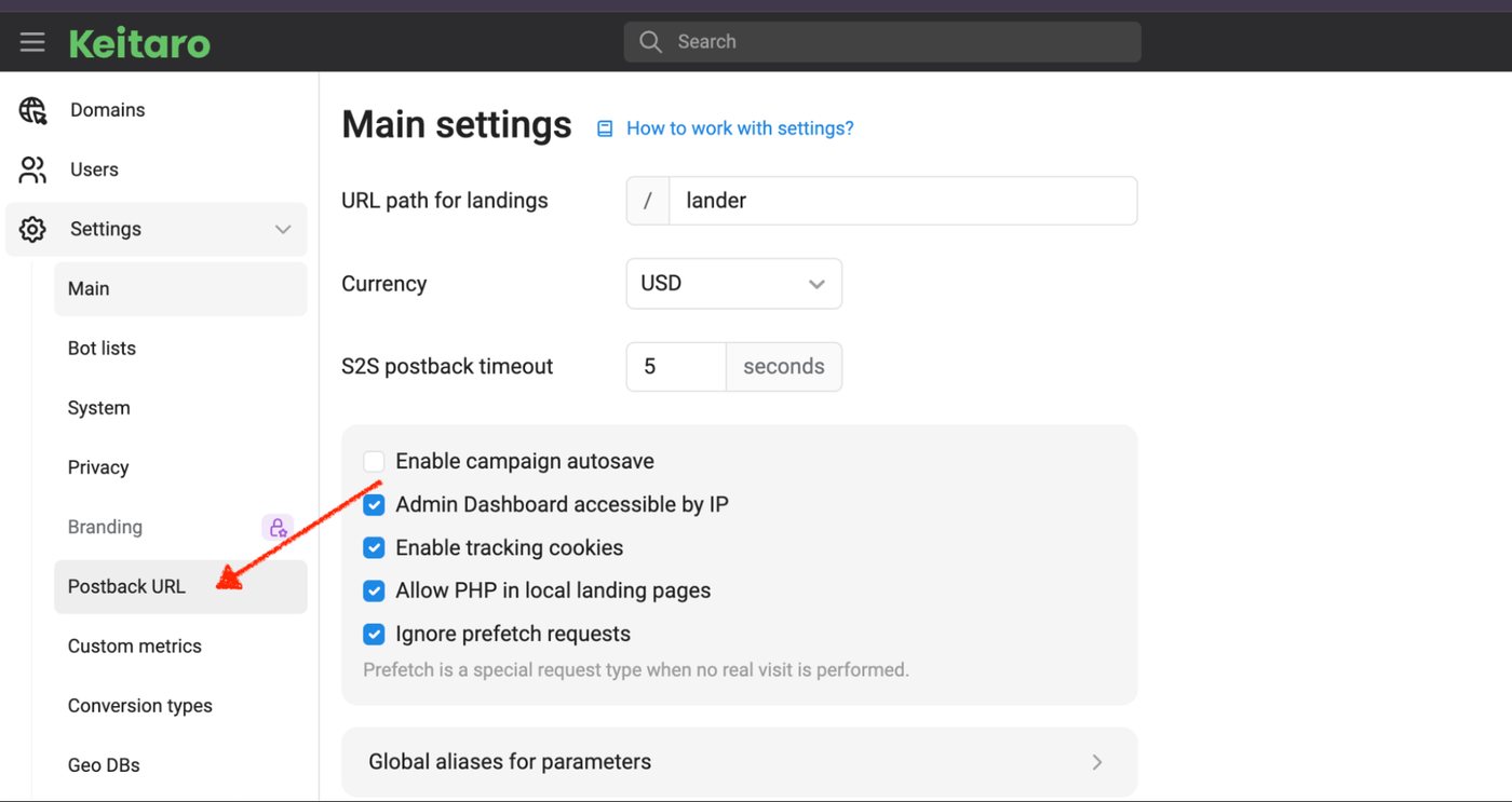 Keitaro Settings menu with the Postback URL item highlighted