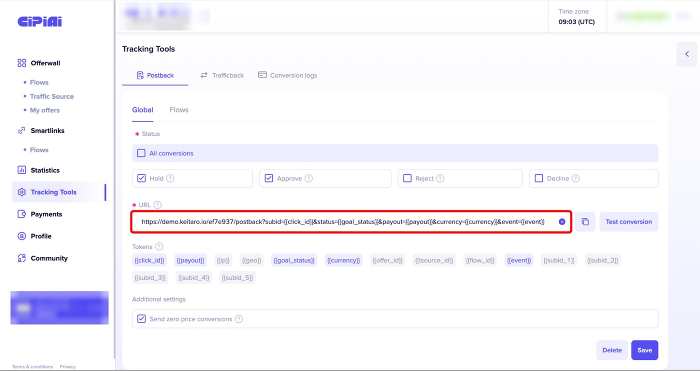 CIPIAI Tracking Tools, Global postback with Hold and Approve statuses and the Keitaro postback URL filled with CIPIAI tokens