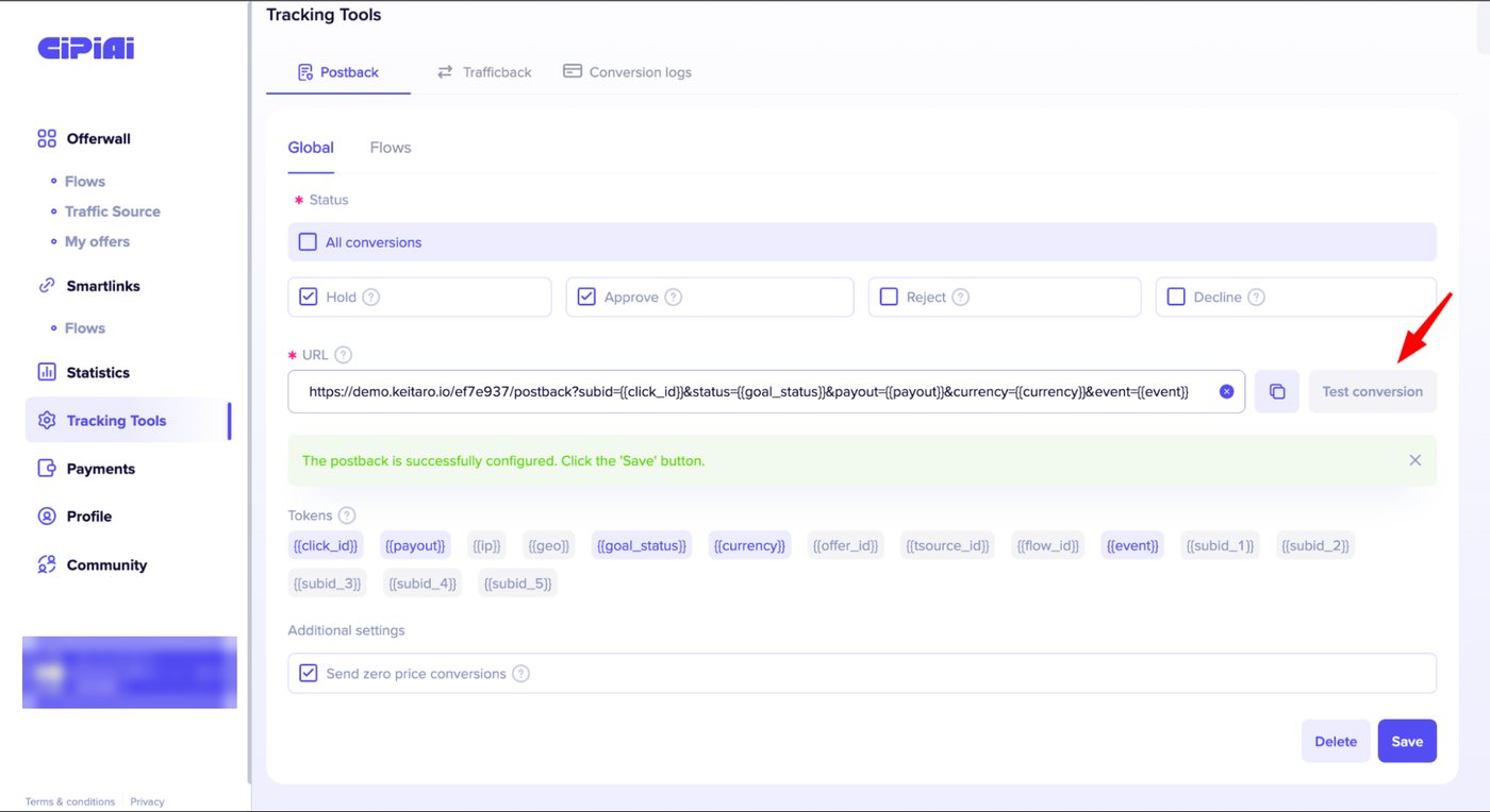 CIPIAI confirmation message: The postback is successfully configured