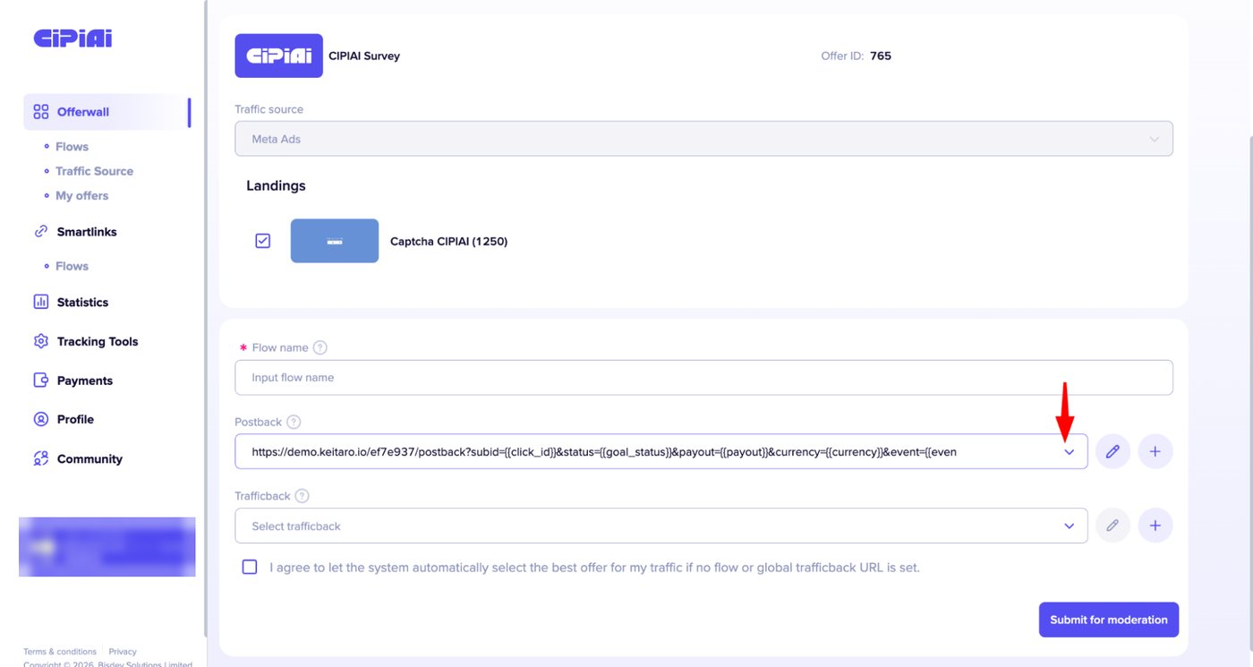 CIPIAI flow form with flow name, postback dropdown showing the Keitaro postback, and Submit for moderation button