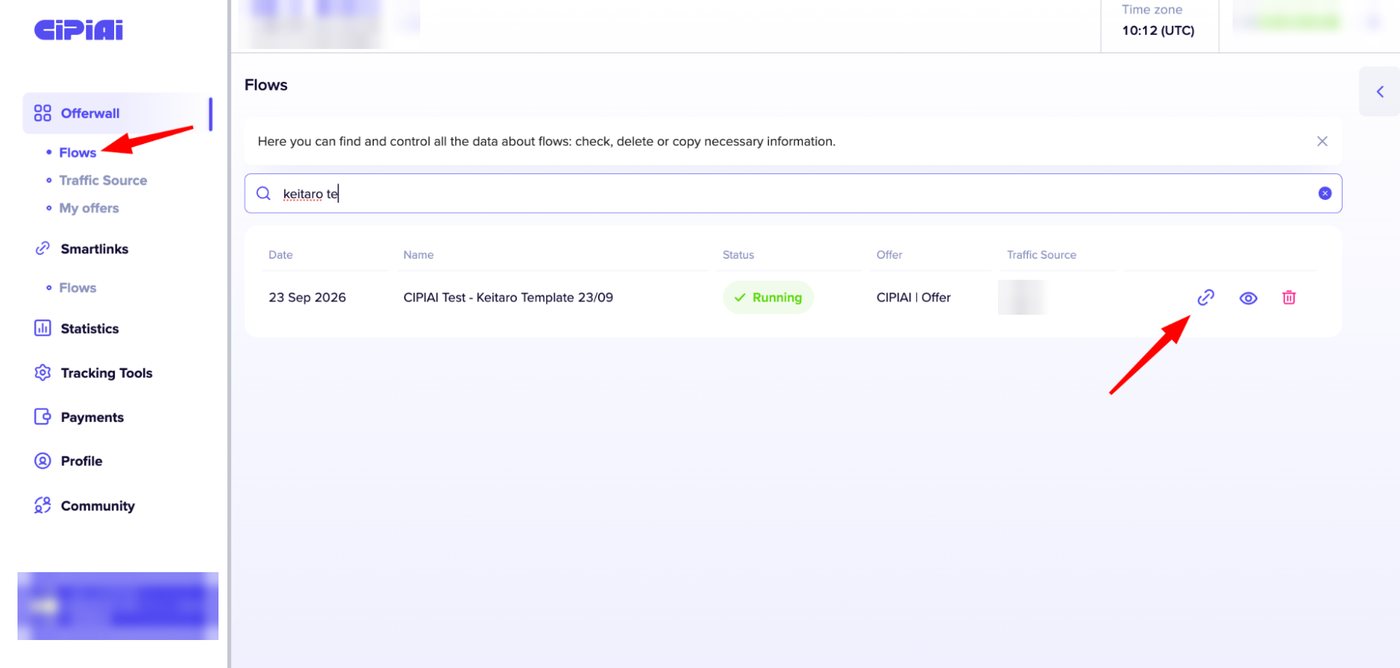 CIPIAI Flows list with a running flow and the copy link icon