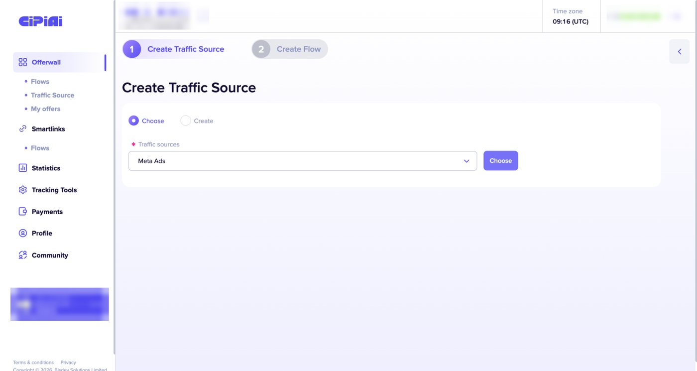 CIPIAI Create Traffic Source screen with Meta Ads selected