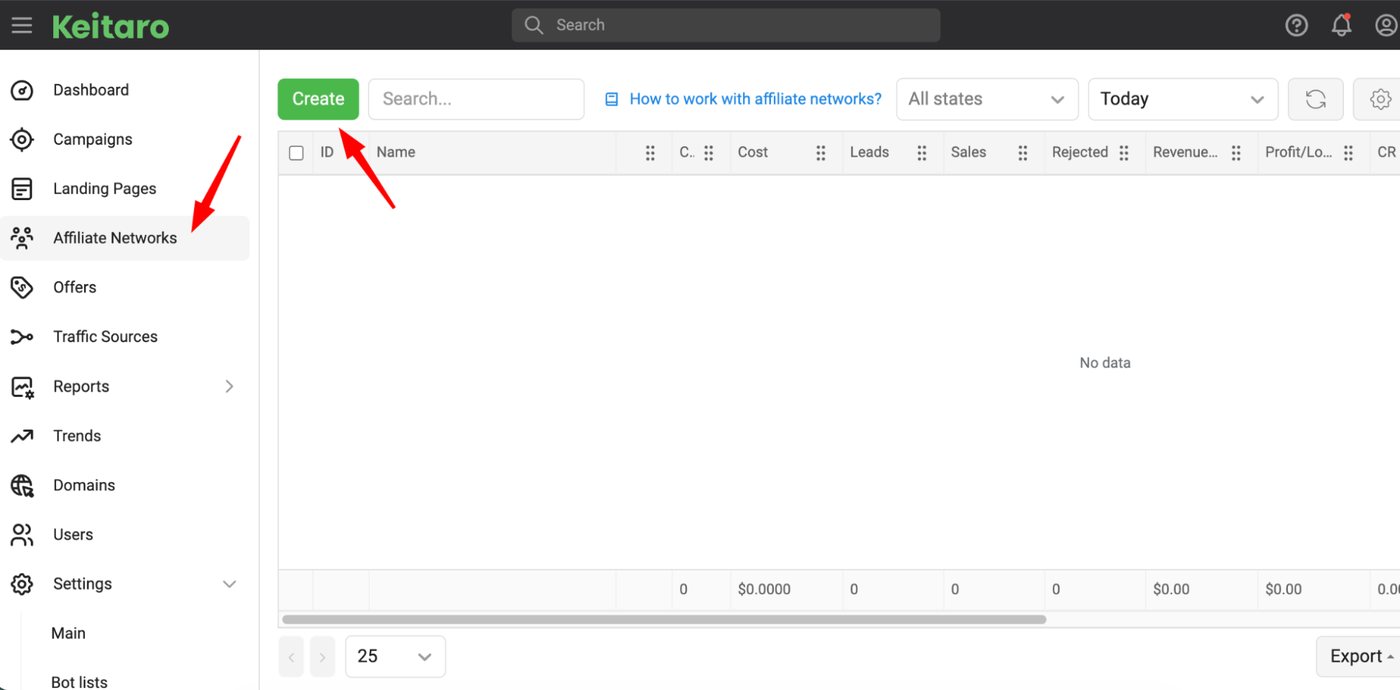Keitaro Affiliate Networks page with the Create button