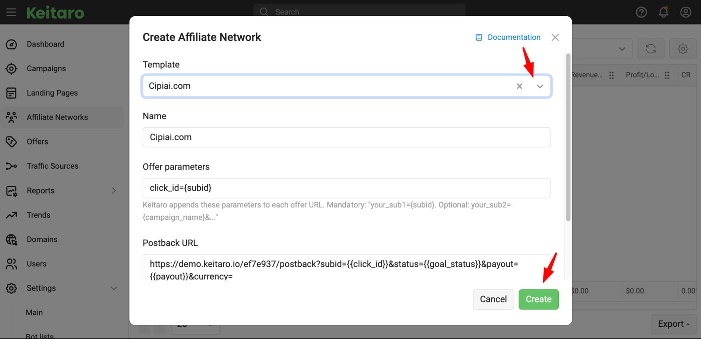 Keitaro Create Affiliate Network dialog with the Cipiai.com template and click_id={subid} offer parameter