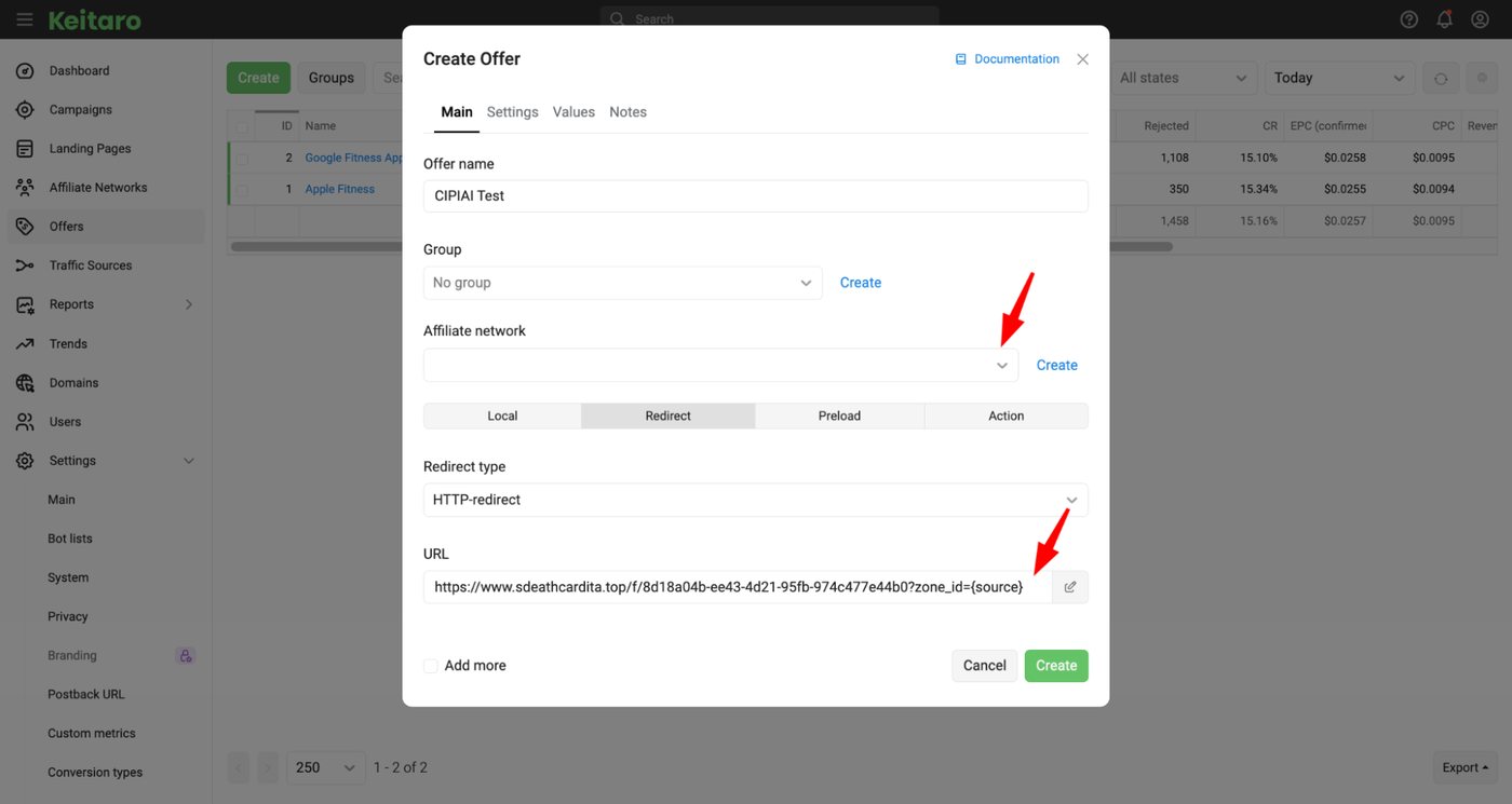Keitaro Create Offer dialog with the Affiliate network field and the CIPIAI flow URL ending in zone_id={source}