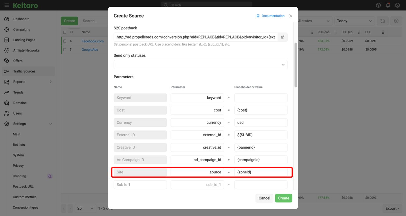 Keitaro traffic source settings with the Site parameter mapped as source={zoneid}