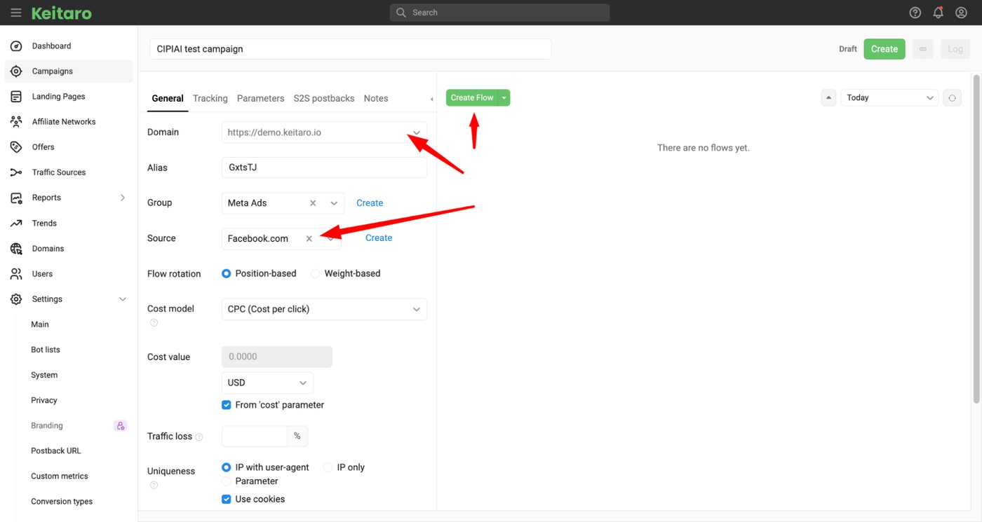 Keitaro campaign settings with domain, source and the Create Flow button