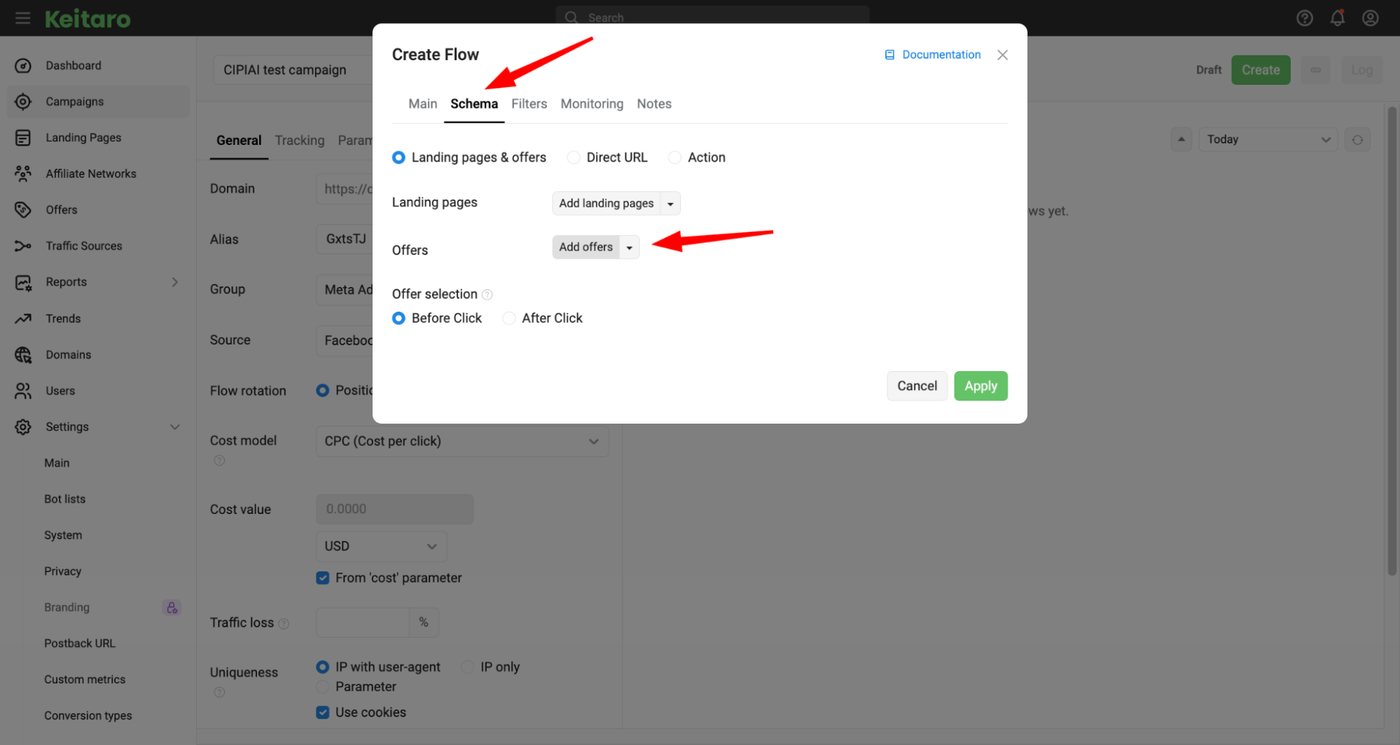 Keitaro Create Flow dialog, Schema tab with Add offers